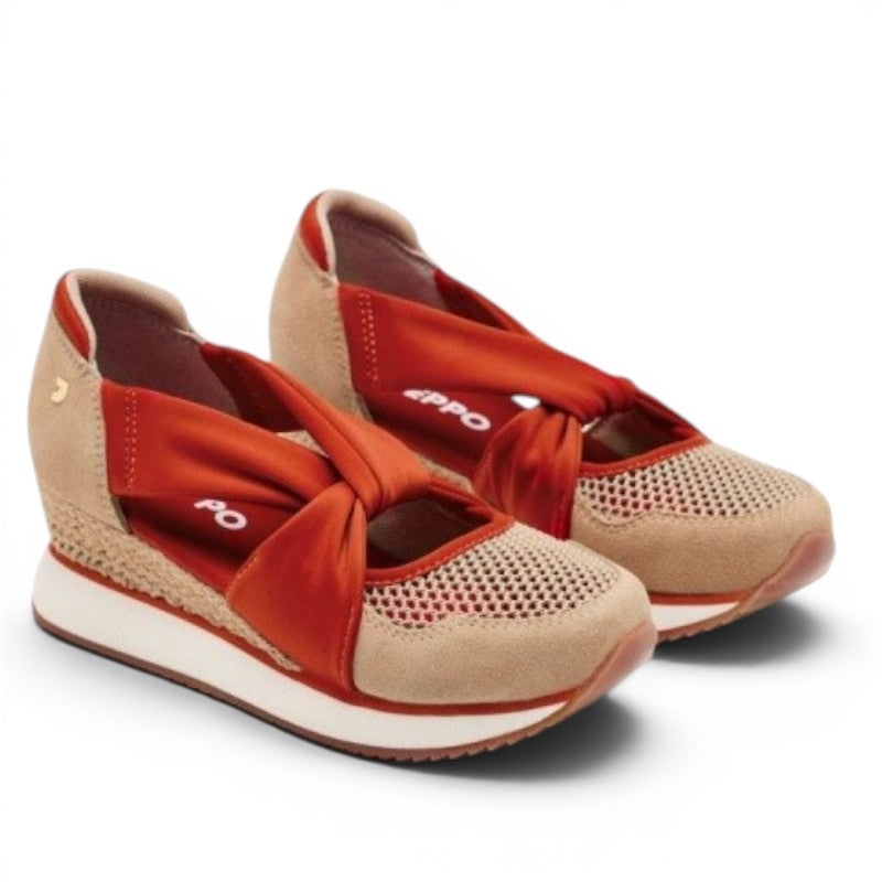 My Store Darlington wedge espadrilles in beige and red, featuring a knotted textile strap and mesh toe box.