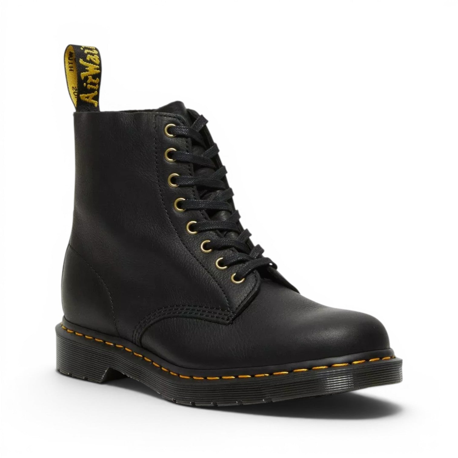 My Store black pebbled leather Dr. Martens 1460 Ambassador boots with yellow stitching and gold eyelets.