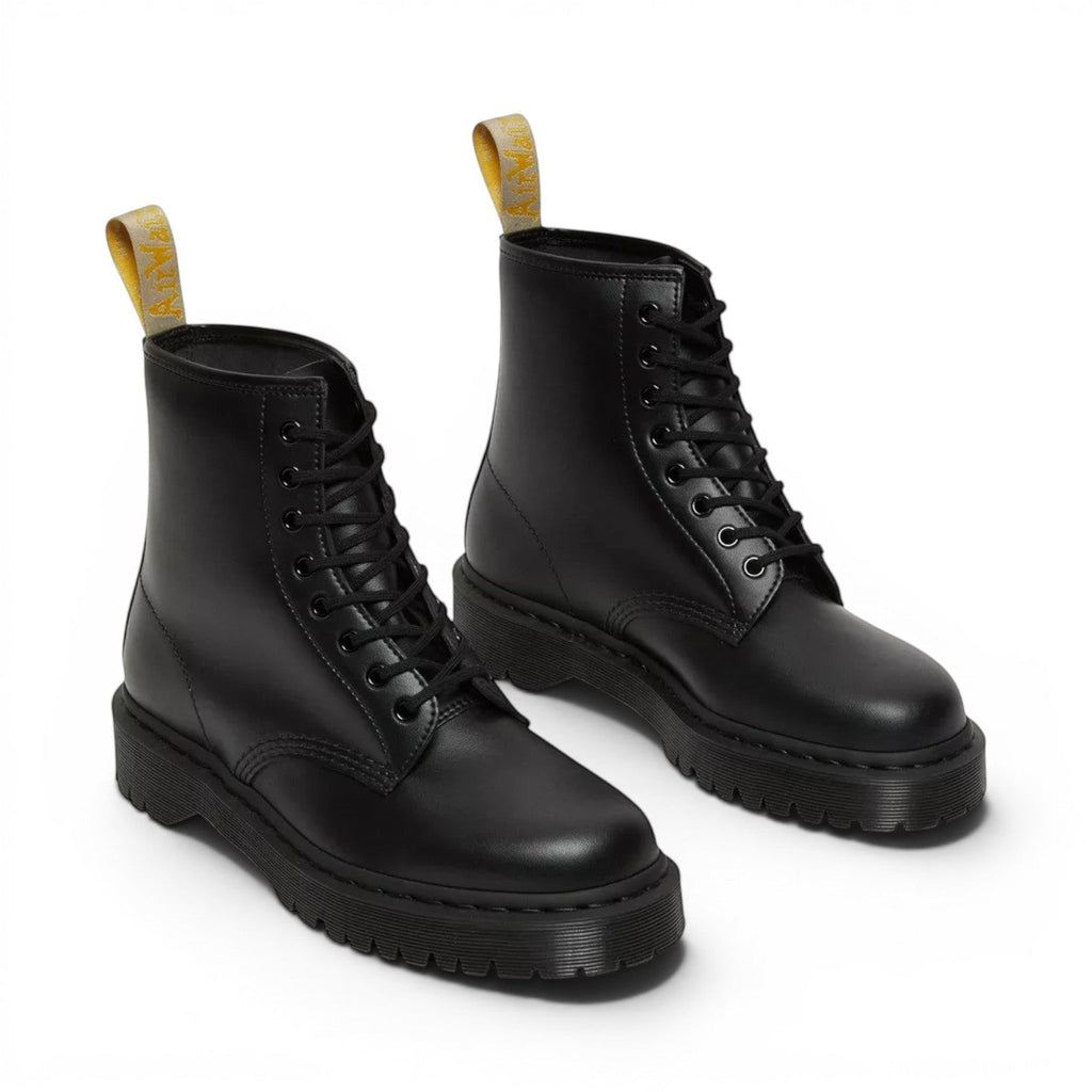 My Store Dr. Martens 1460 Bex Mono Vegan black synthetic leather lace-up boots with yellow heel tab.