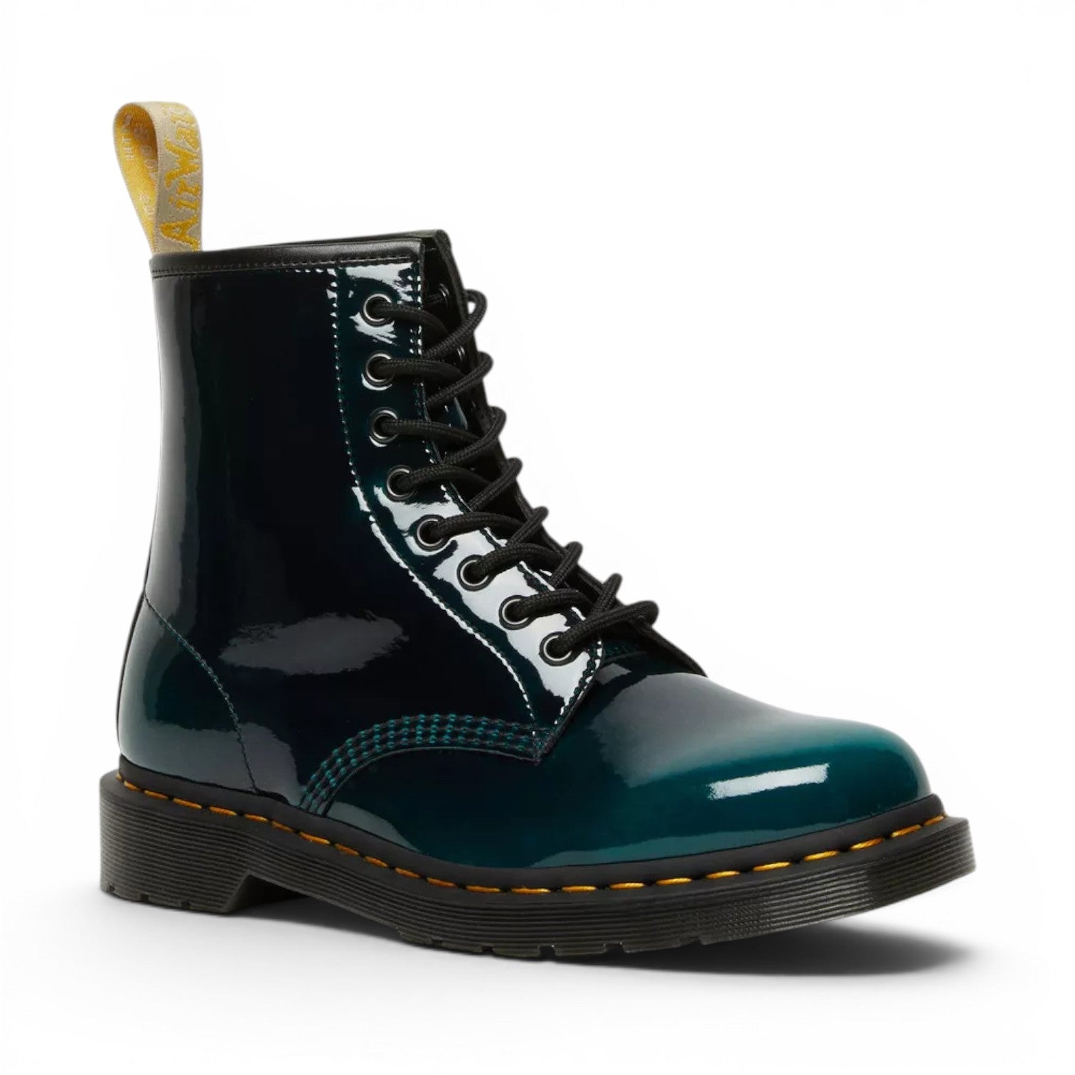 My Store Dr. Martens 1460 Gloss Vegan boots in dark teal patent synthetic material with black laces and yellow heel loop.