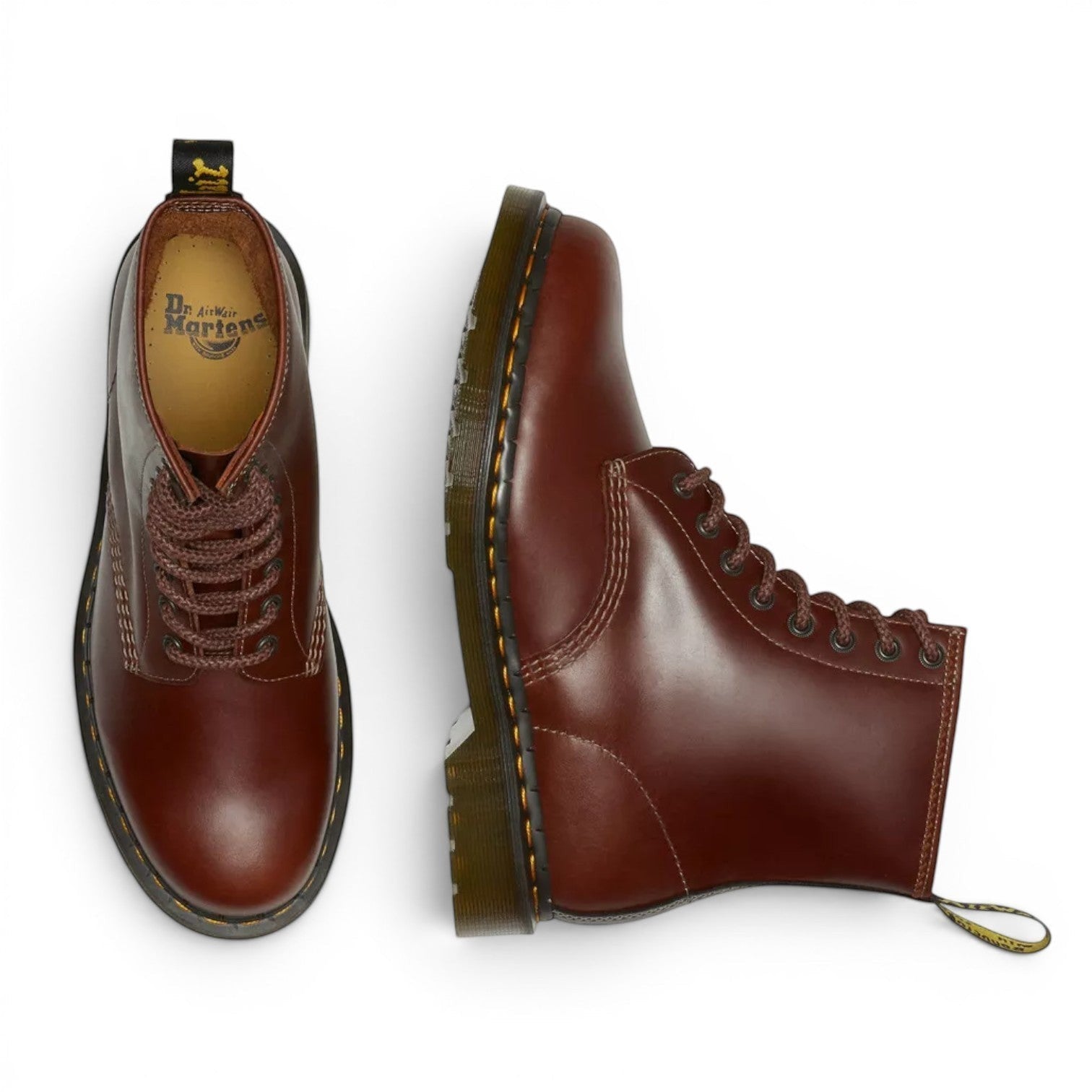 My Store Dr. Martens 1460 Abruzzo Leather brown lace-up boots with yellow stitching and heel loop.