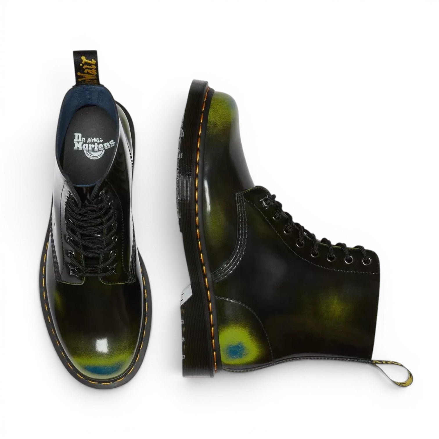 My Store Dr. Martens 1460 Pascal Multi Arcadia leather boots in dark green with yellow and blue undertones. Classic lace-up ankle boot style.