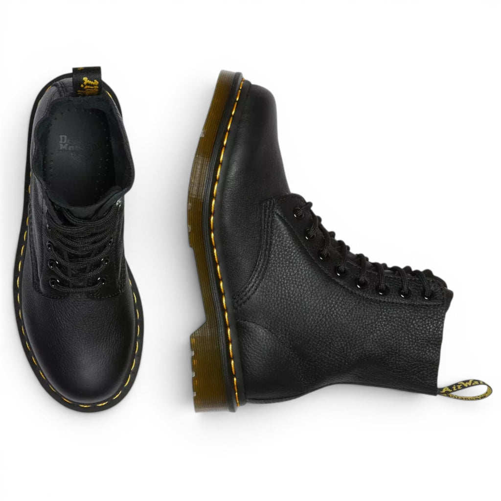 My Store Dr. Martens 1460 Pascal Virginia black pebbled leather boots with yellow stitching and AirWair heel loop.