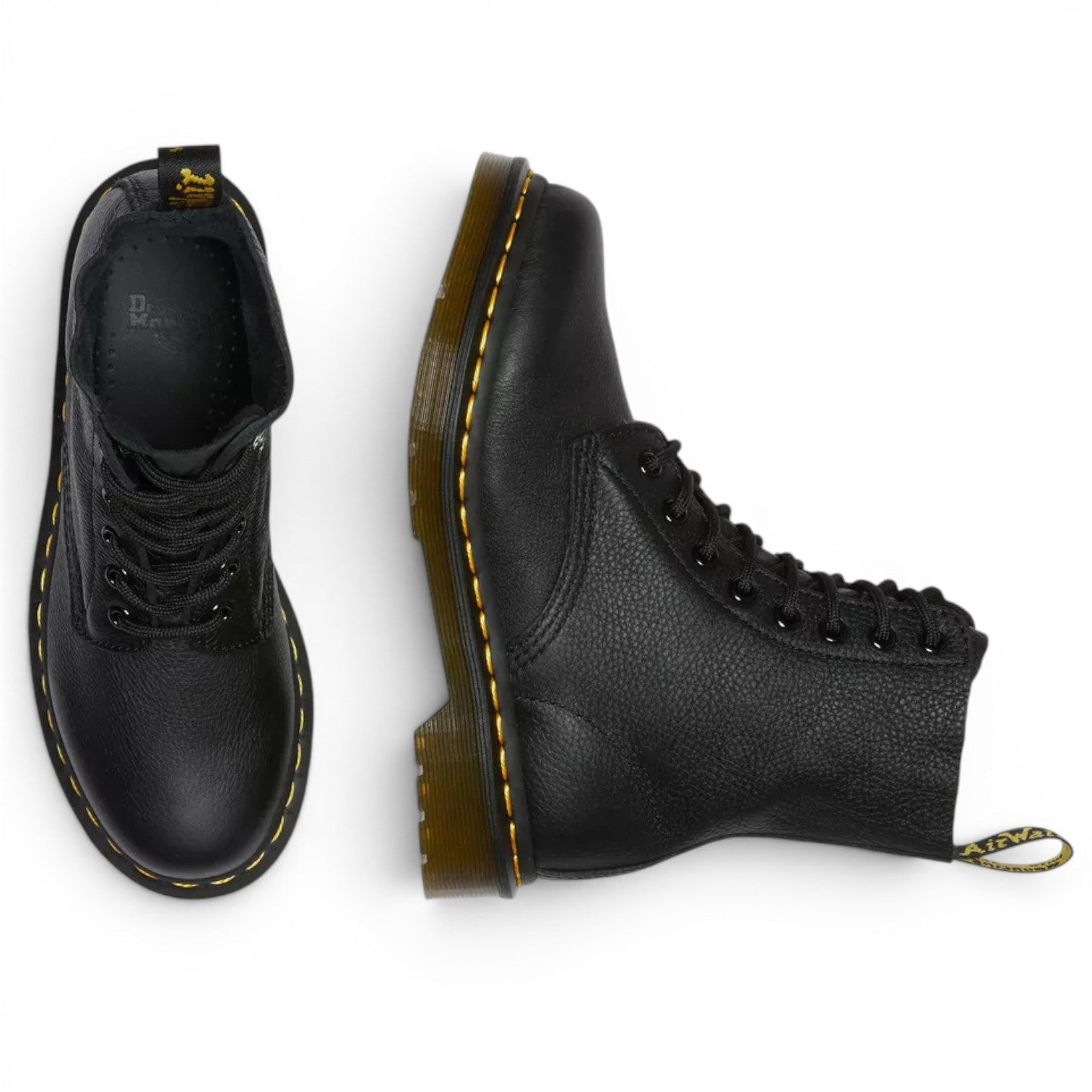 My Store Dr. Martens 1460 Pascal Virginia black pebbled leather boots with yellow stitching and AirWair heel loop.