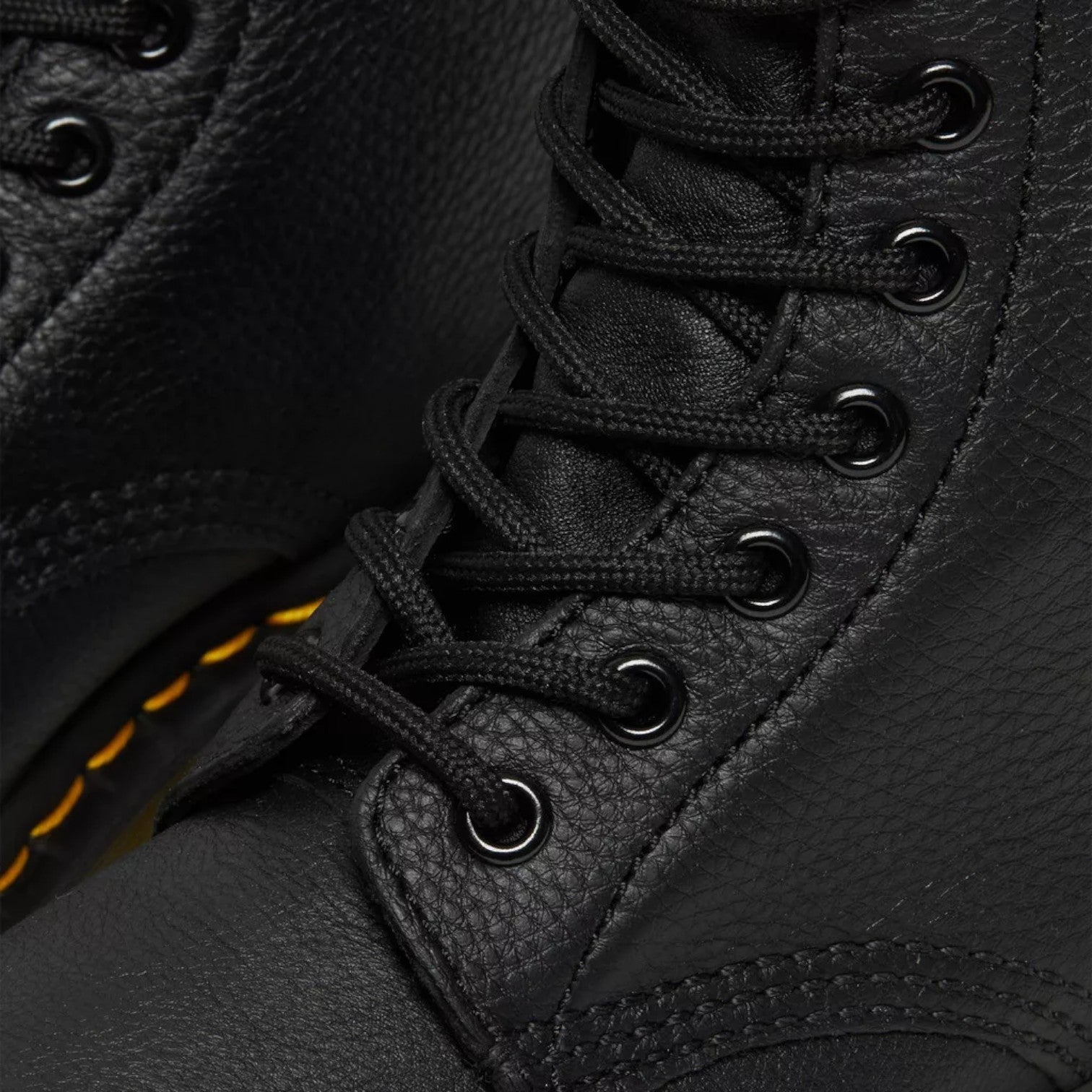 My Store Dr. Martens 1460 Pascal Virginia black pebbled leather lace-up boots with yellow stitching.