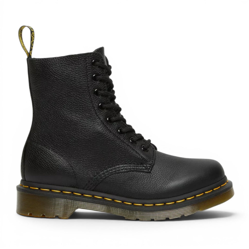My Store Dr. Martens 1460 Pascal Virginia black pebbled leather lace-up boots with yellow stitching.