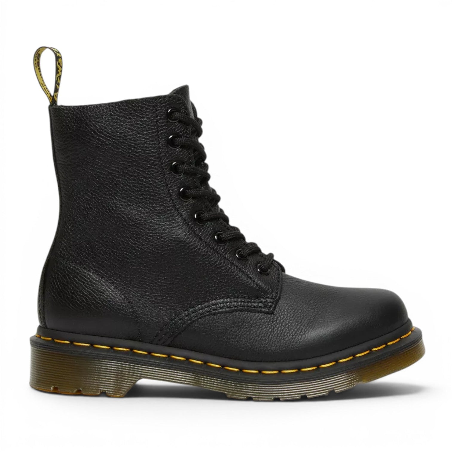 My Store Dr. Martens 1460 Pascal Virginia black pebbled leather lace-up boots with yellow stitching.