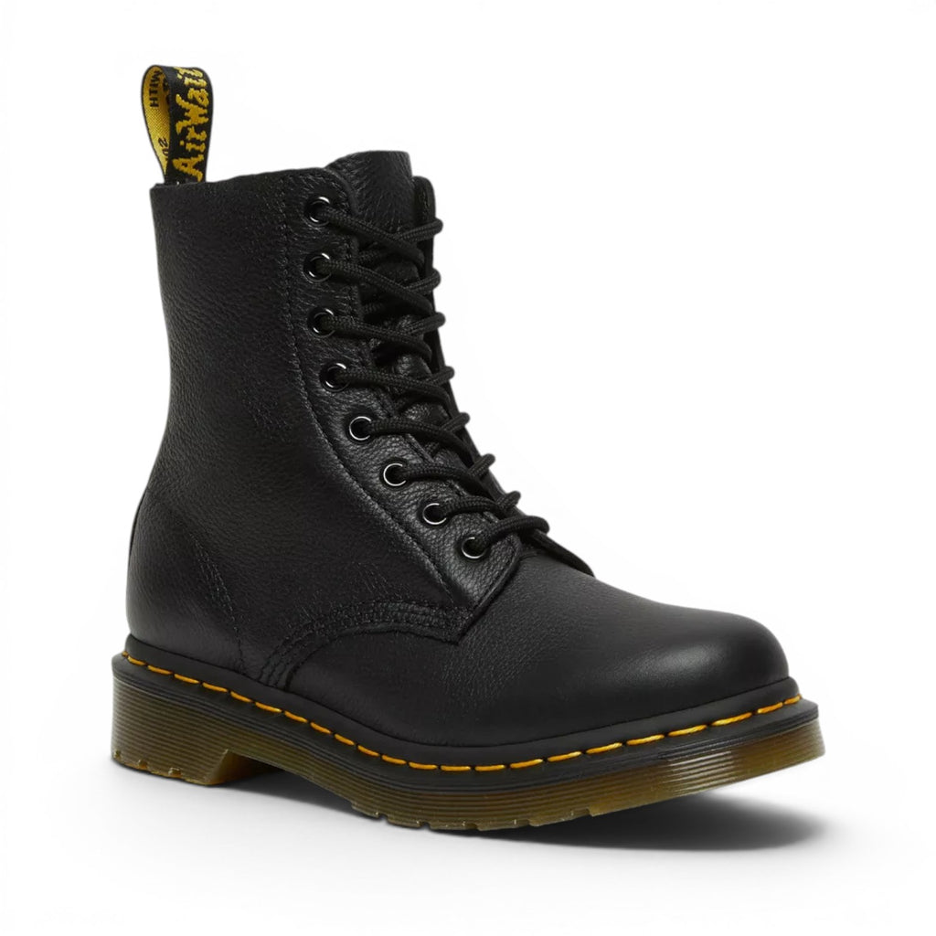 My Store black pebbled leather Dr. Martens 1460 Pascal Virginia boots with yellow stitching and AirWair heel loop.
