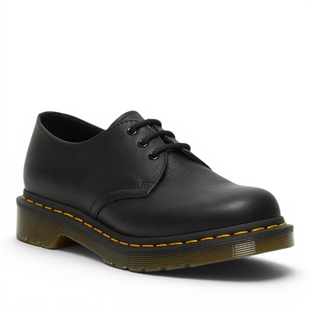 My Store black leather Dr. Martens 1461 Virginia Oxford shoes with yellow stitching and a PVC sole.