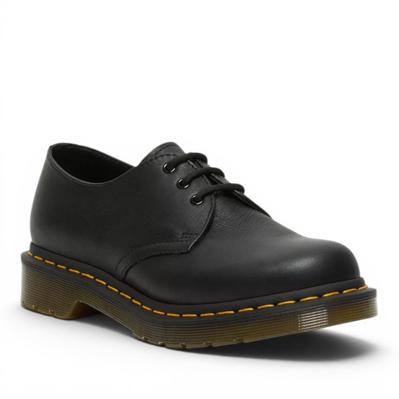 My Store black leather Dr. Martens 1461 Virginia Oxford shoes with yellow stitching and a PVC sole.