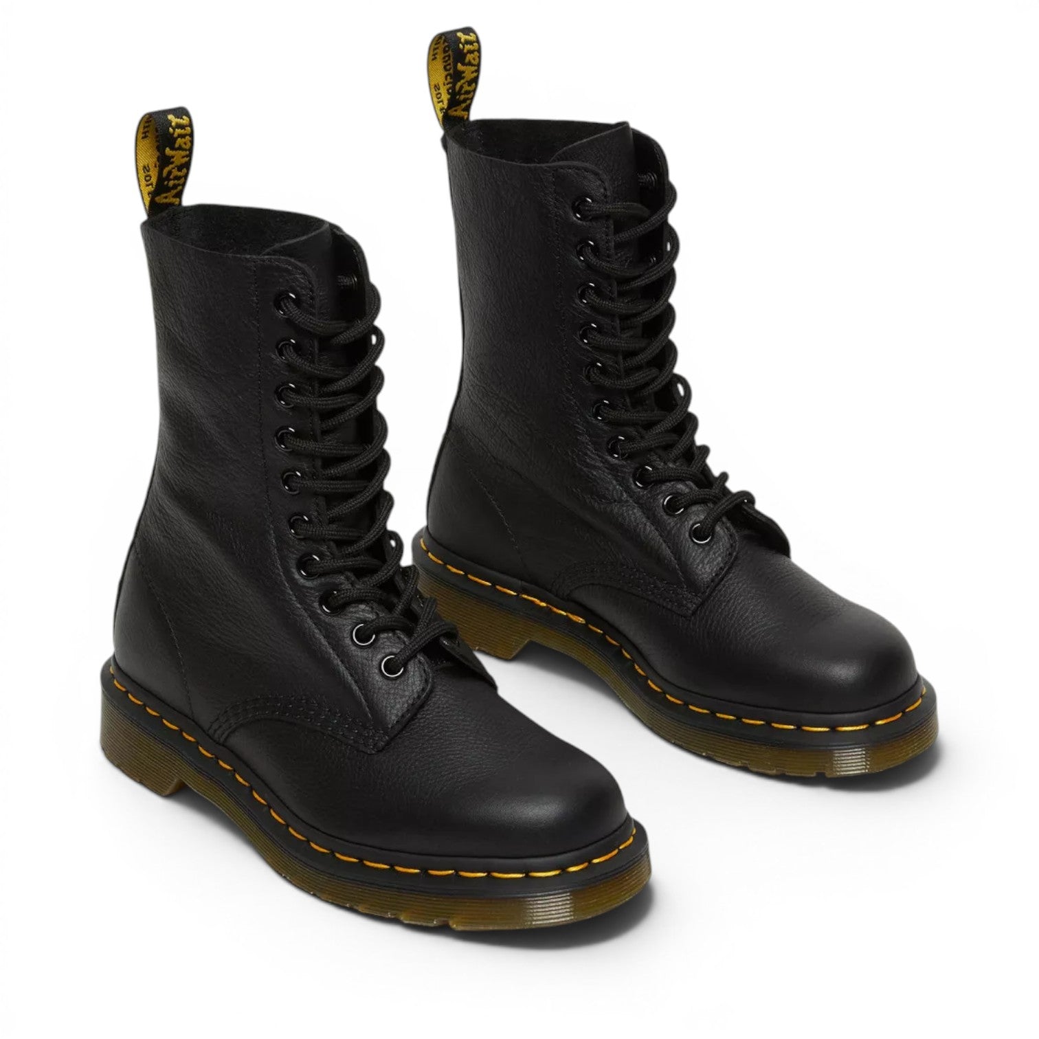 My Store Dr. Martens 1490 Virginia black leather 10-eyelet boots with yellow stitching and AirWair heel loop.