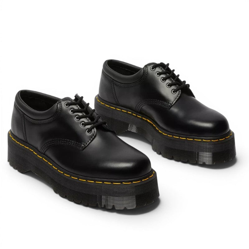 My Store Dr. Martens 8053 Quad black smooth leather platform shoes with yellow stitching.