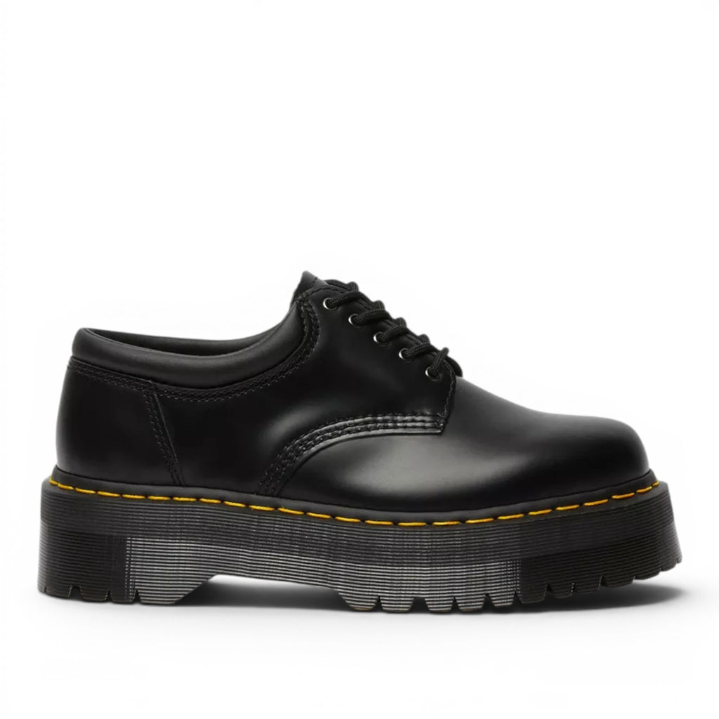 My Store Dr. Martens 8053 Quad Smooth Leather black platform shoes with yellow stitching and a thick PVC sole.