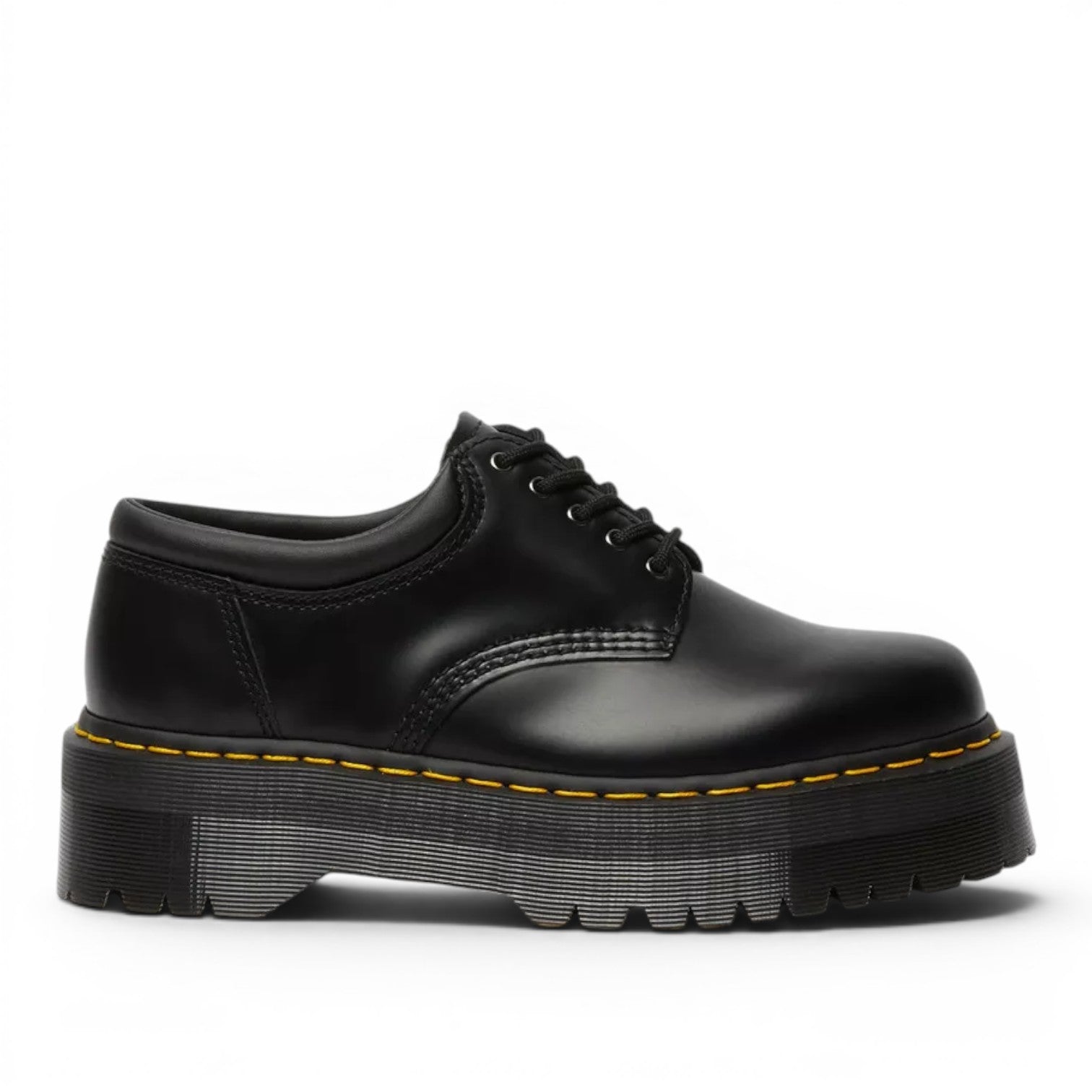 My Store Dr. Martens 8053 Quad Smooth Leather black platform shoes with yellow stitching and a thick PVC sole.