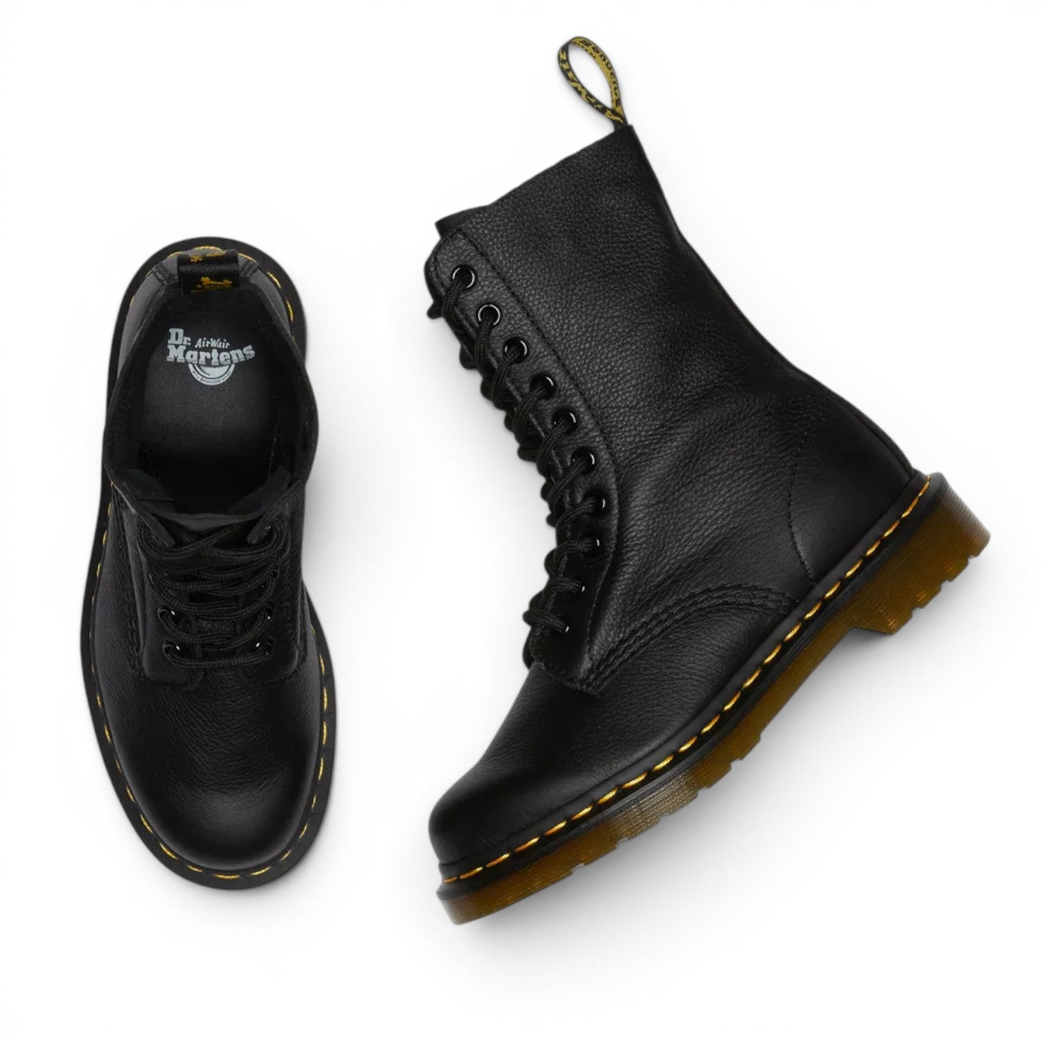 My Store black tumbled leather 1490 Virginia Dr. Martens boots with yellow stitching and AirWair sole.