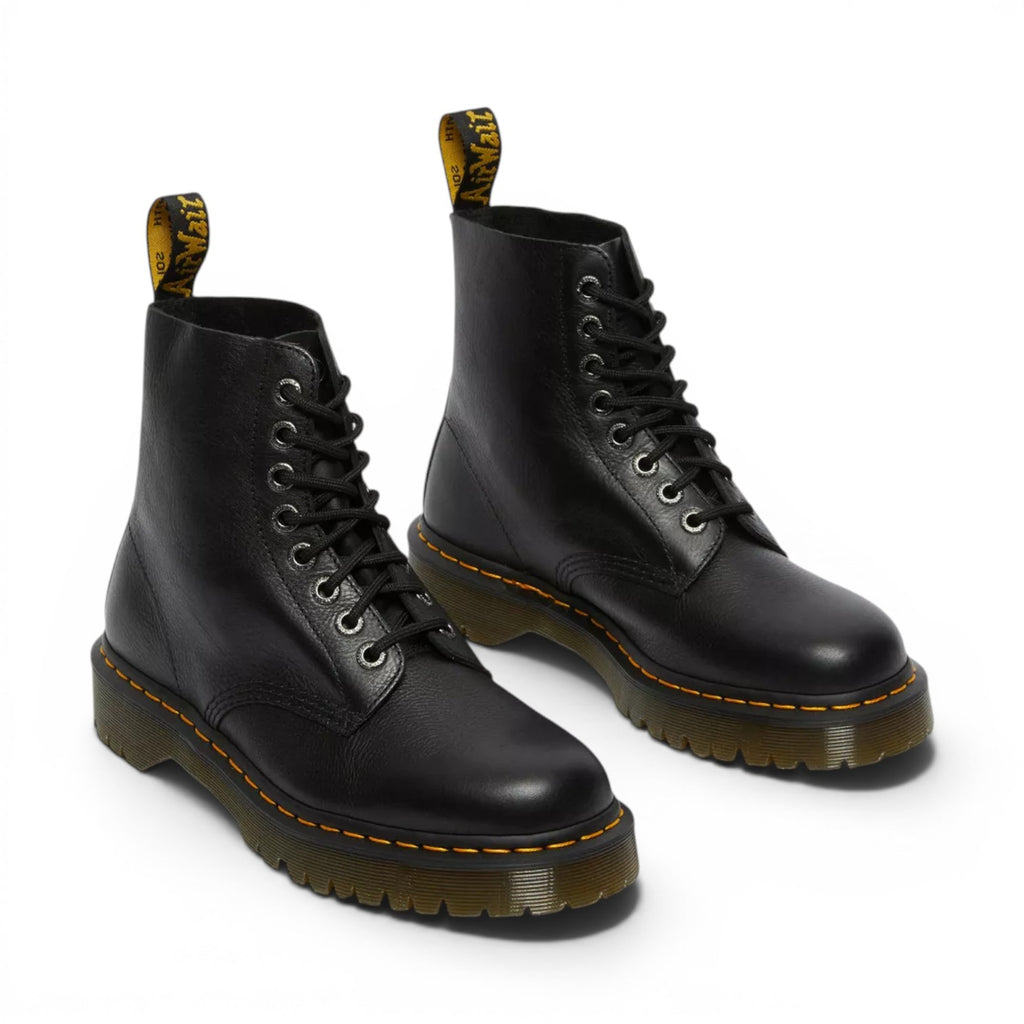 My Store Dr. Martens 1460 Bex Pisa black leather boots with yellow stitching and AirWair heel loop.