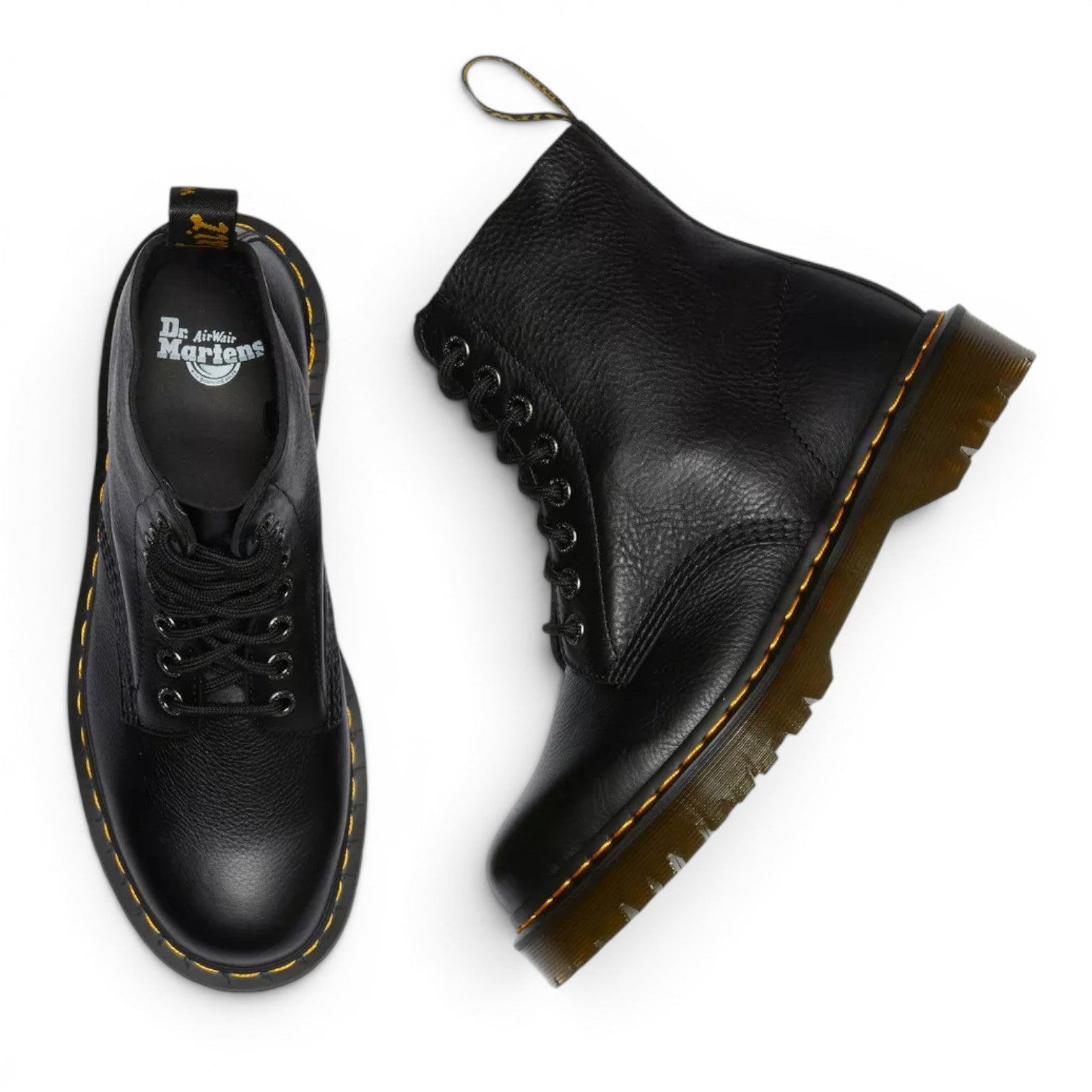 My Store Dr. Martens 1460 Bex Pisa black tumbled leather boots with yellow stitching and PVC sole.