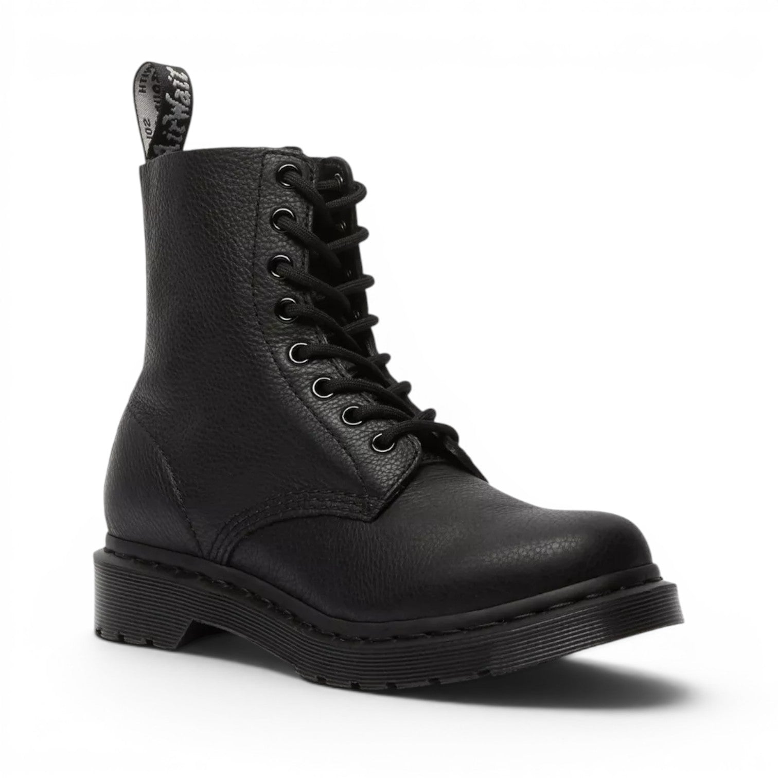 My Store black pebbled leather Dr. Martens 1460 Pascal Mono boots with black laces and signature yellow stitching on the sole.