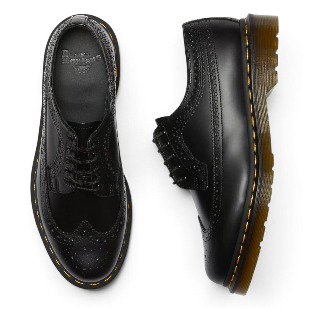 My Store Dr. Martens 3989 black smooth leather brogue shoes with PVC sole and yellow stitching.