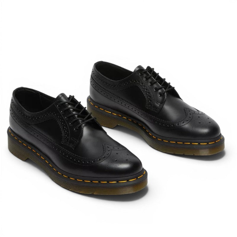 My Store Dr. Martens 3989 black smooth leather brogue shoes with yellow stitching and PVC sole.