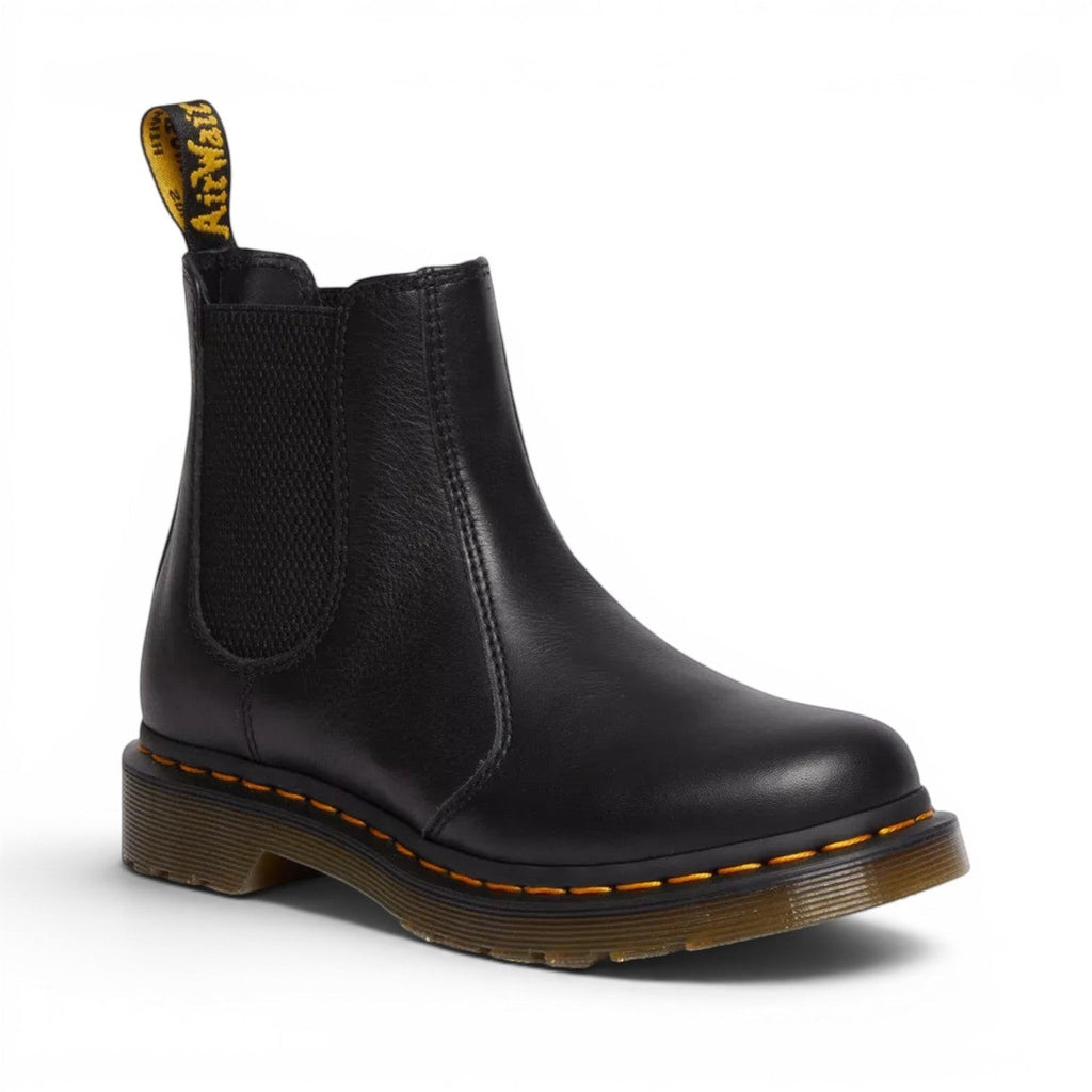 My Store Dr. Martens 2976 Virginia black leather Chelsea boots with yellow stitching and AirWair heel loop.