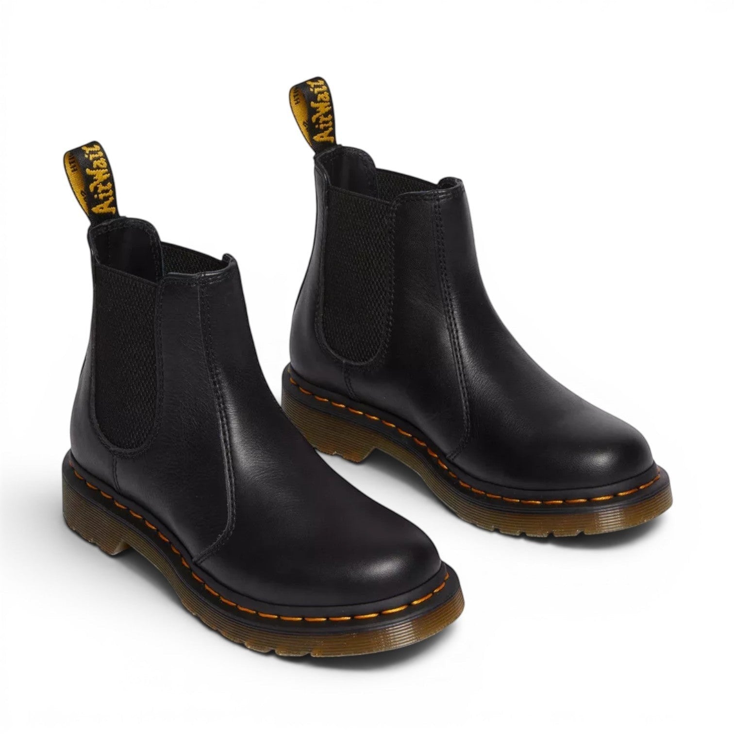 My Store Dr. Martens 2976 Virginia black leather Chelsea boots with yellow stitching and AirWair heel loop.