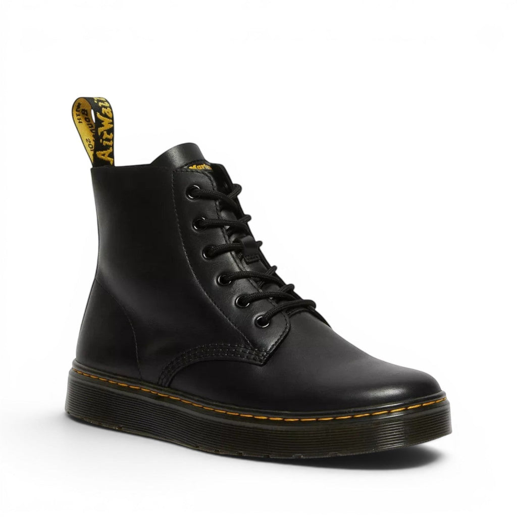 My Store Dr. Martens Thurston Lusso Leather Chukka boots in black with yellow heel tab and signature stitching.