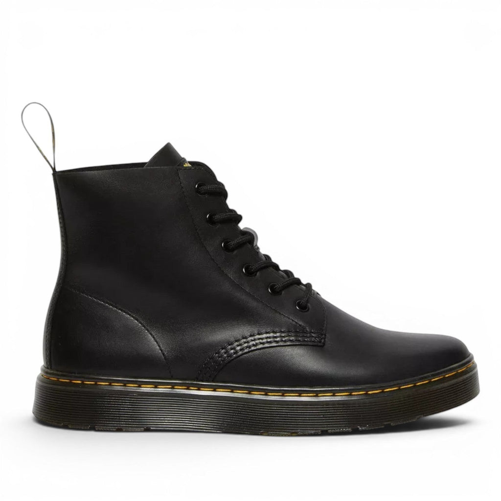 My Store Dr. Martens Thurston Lusso Leather Chukka boots in black with yellow stitching and a durable PVC sole.