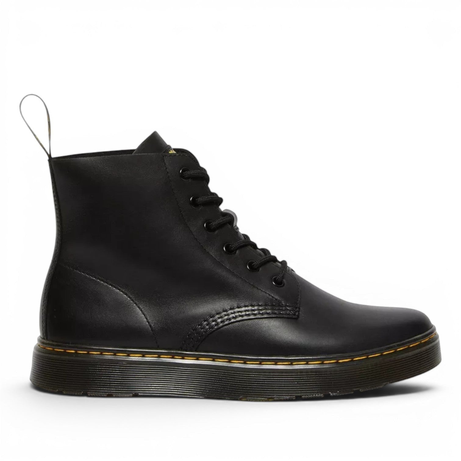 My Store Dr. Martens Thurston Lusso Leather Chukka boots in black with yellow stitching and a durable PVC sole.