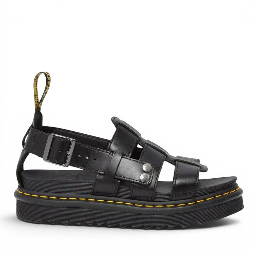 My Store Dr. Martens black Brando leather gladiator sandals with buckle strap and platform sole.