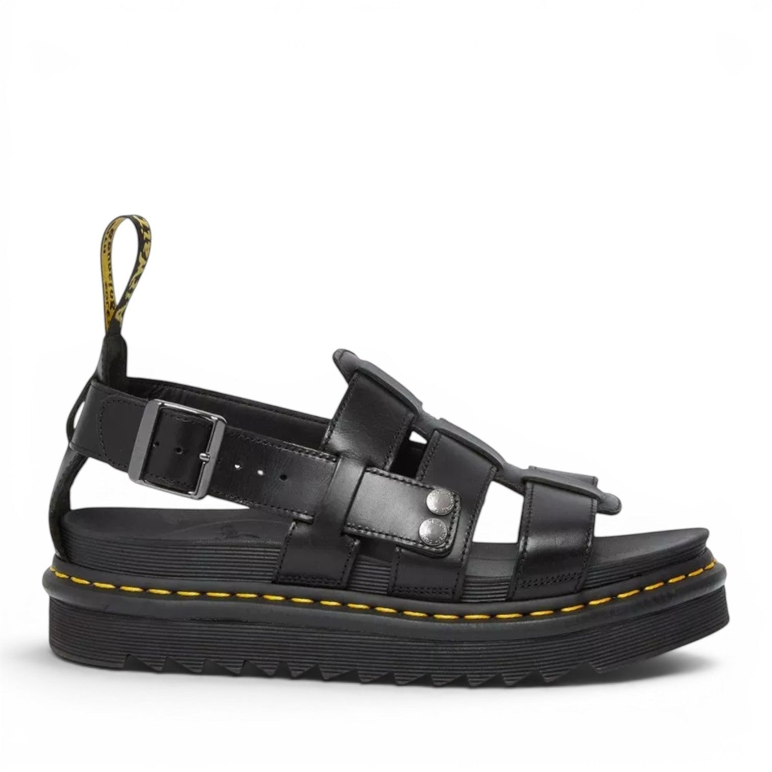 My Store Dr. Martens black Brando leather gladiator sandals with buckle strap and platform sole.