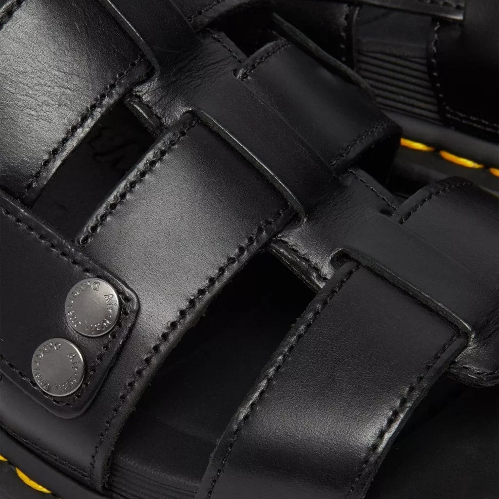 My Store Dr. Martens black Brando leather gladiator sandals with silver stud details and yellow stitching.