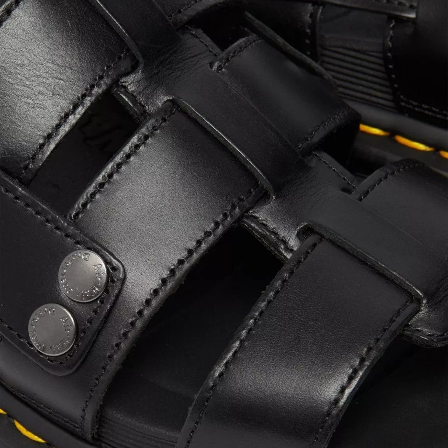 My Store Dr. Martens black Brando leather gladiator sandals with silver stud details and yellow stitching.