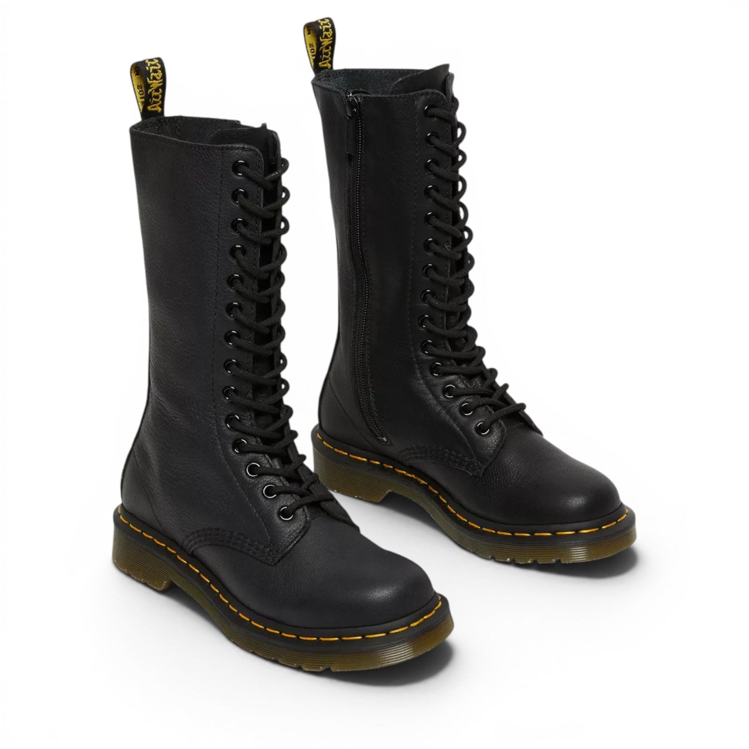 My Store Dr. Martens black Virginia leather 14-eyelet high boots with side zip and yellow stitching.
