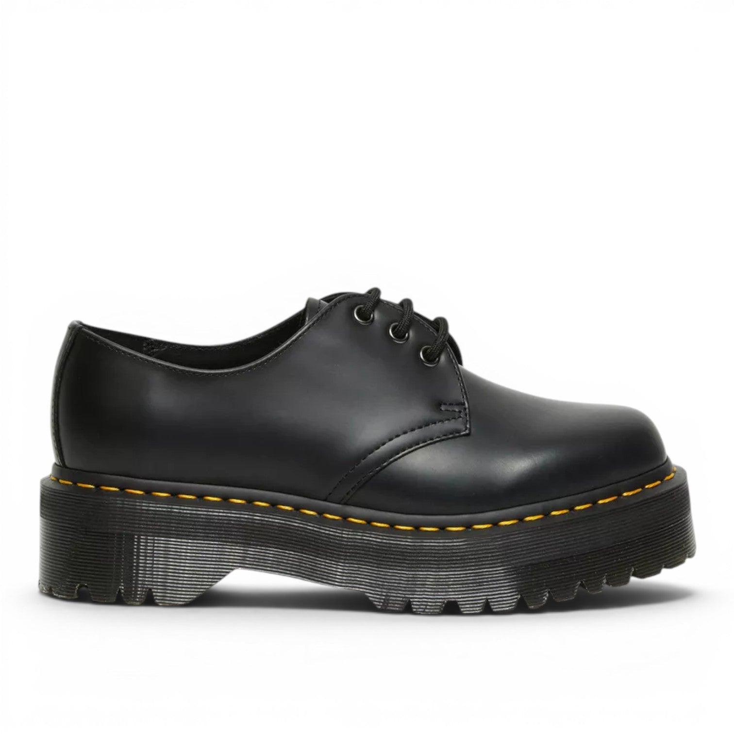 My Store Dr. Martens 1461 black smooth leather platform shoes with yellow stitching and a thick sole.