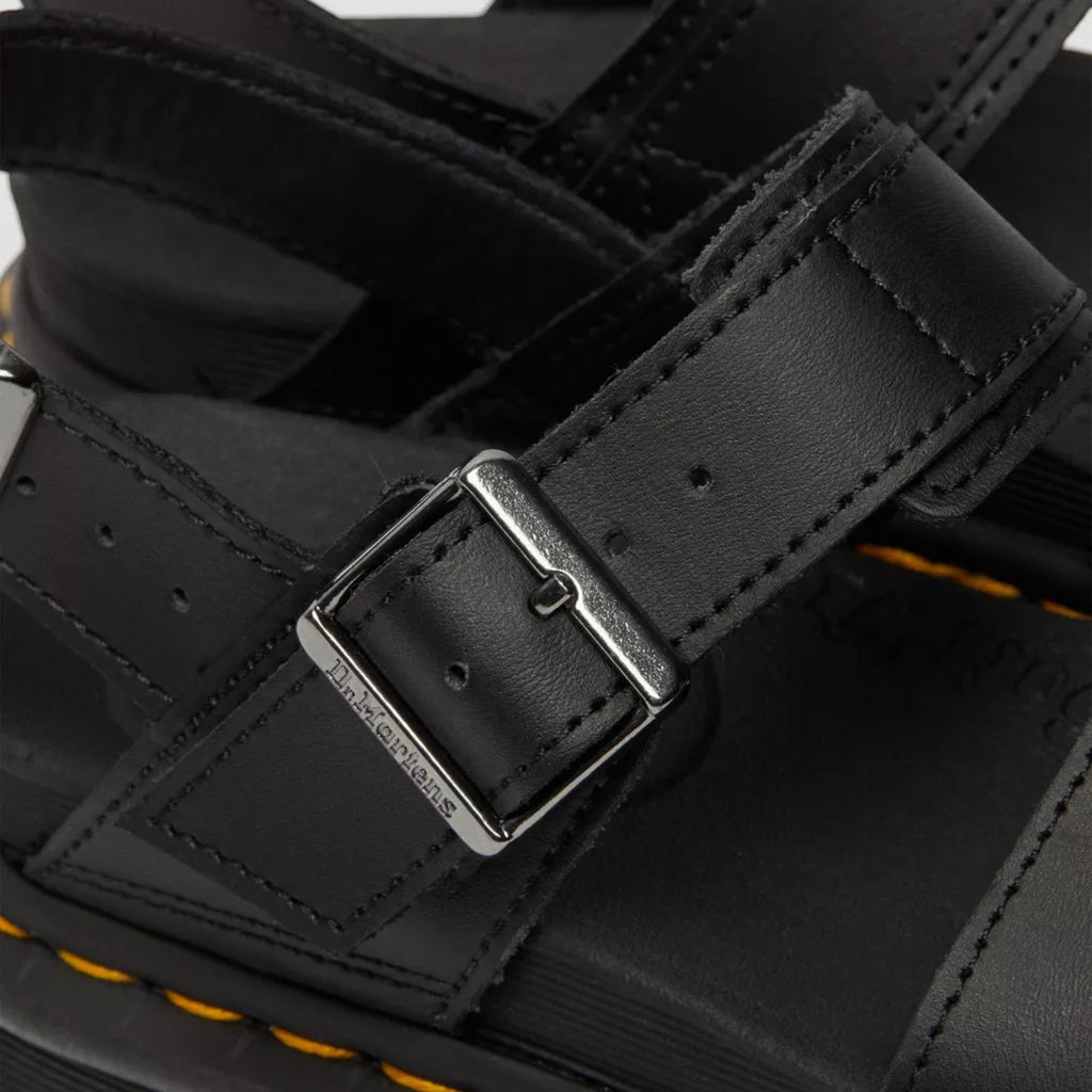My Store black leather Dr. Martens Voss Hydro sandals with buckle closure and EVA sole.