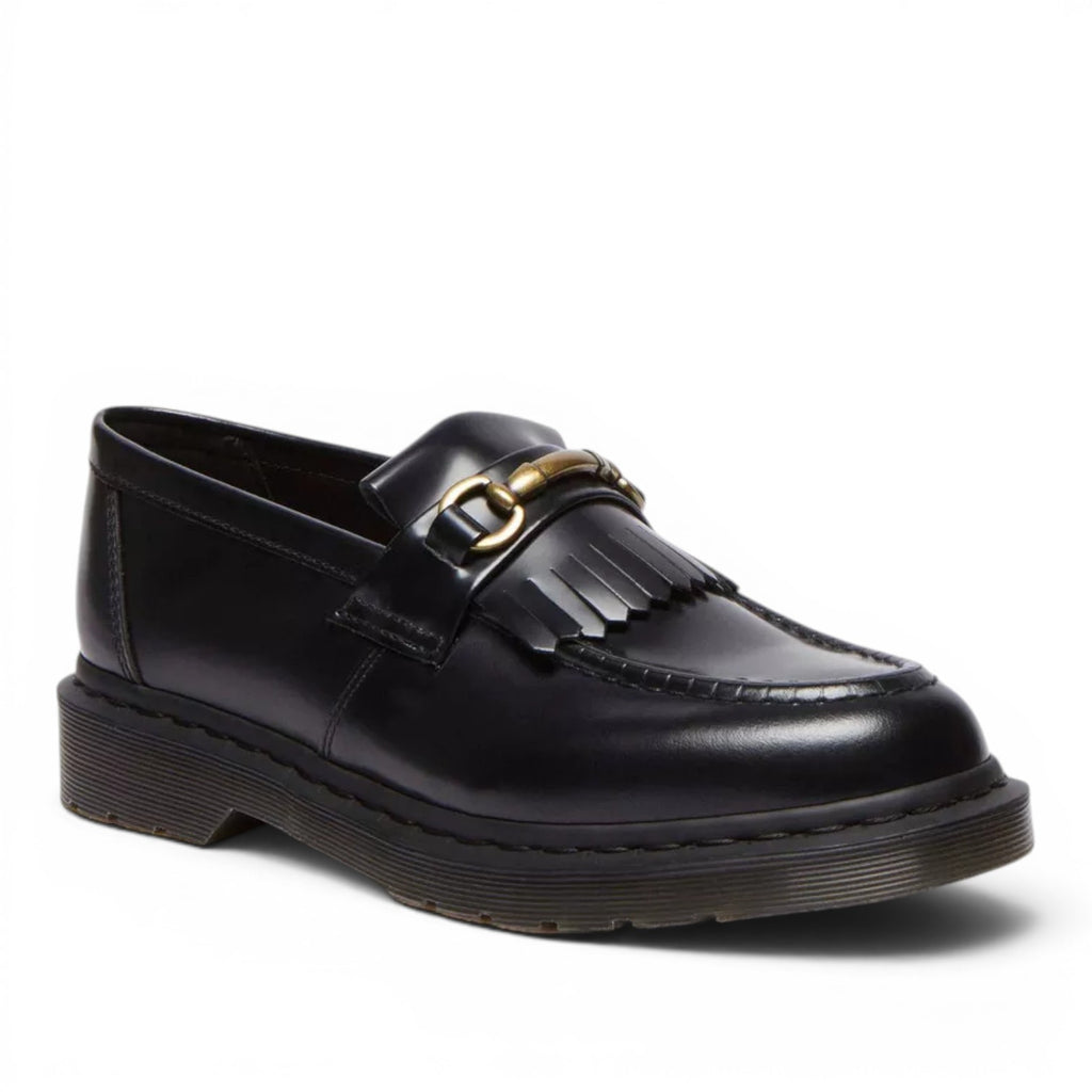 My Store Dr. Martens Adrian Snaffle loafers in black leather with gold hardware and fringe detail.
