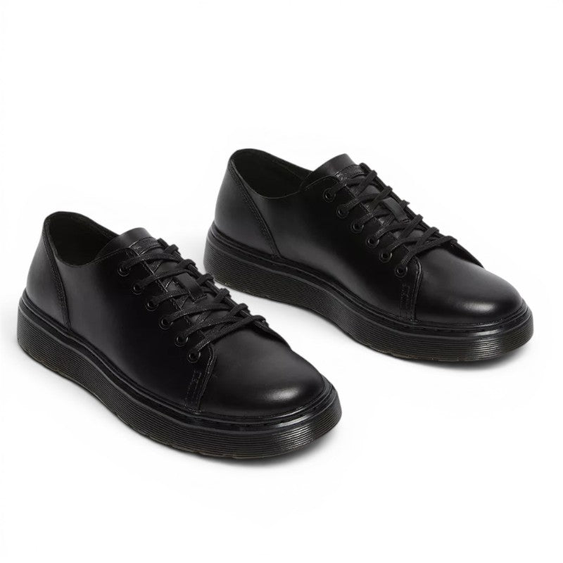 My Store black leather low-top Dr. Martens Dante Brando sneakers with lace-up closure and thick sole.