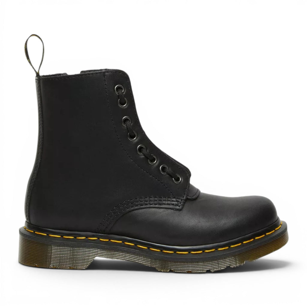 My Store Dr. Martens 1460 Pascal Nappa Zip black leather boots with side zip and yellow stitching.