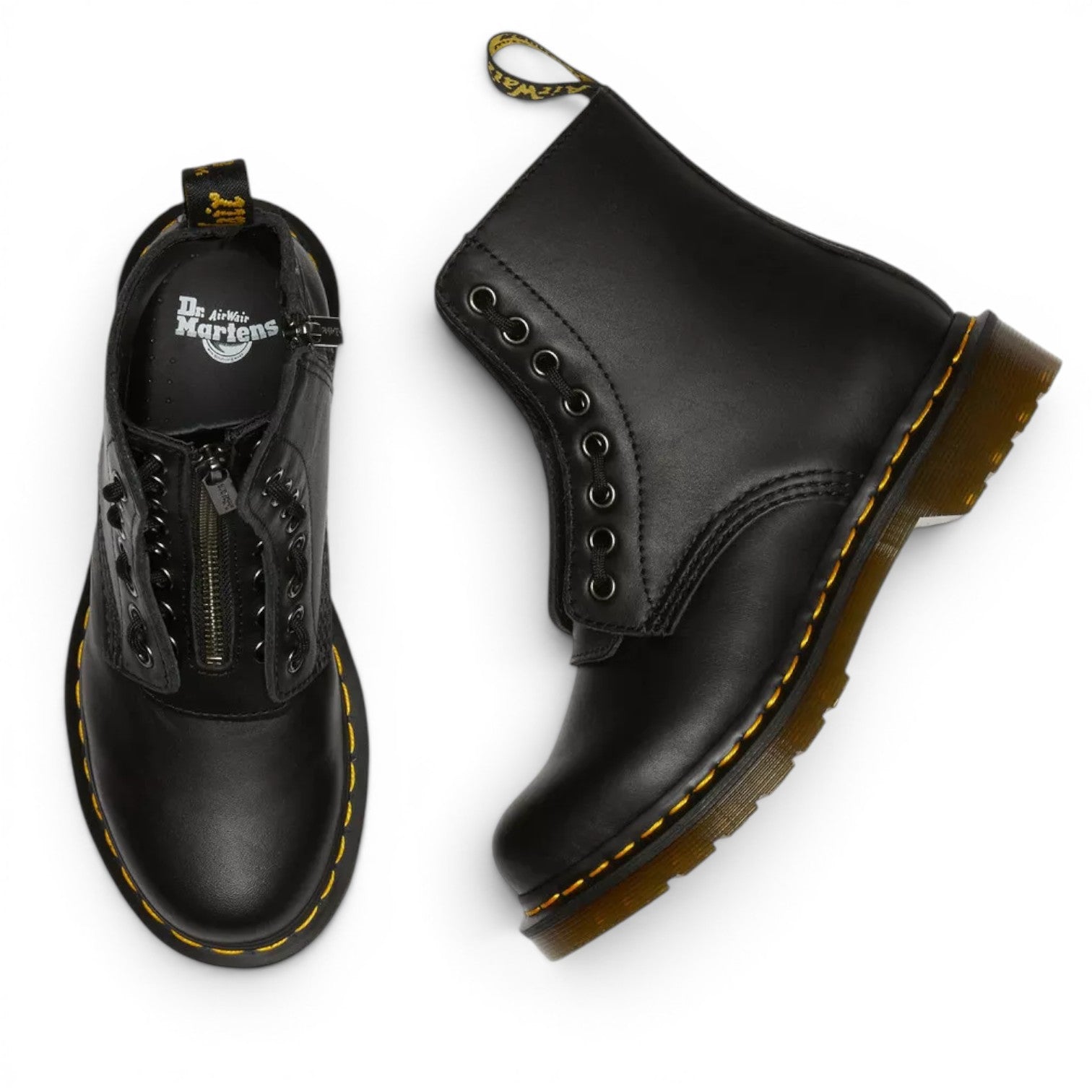 My Store Dr. Martens 1460 Pascal Nappa Zip black leather boots with front zipper and yellow stitching.