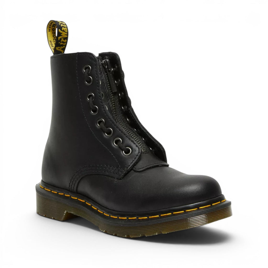 My Store Dr. Martens 1460 Pascal Nappa Zip black leather boots with front zipper and yellow stitching.