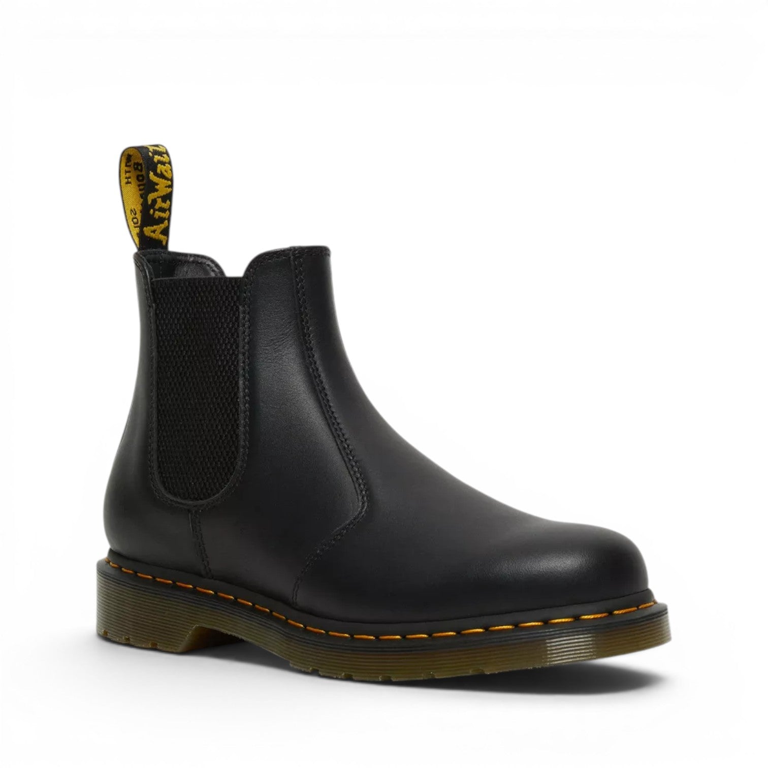 My Store Dr. Martens 2976 Nappa leather black Chelsea boots with yellow stitching and AirWair heel loop.