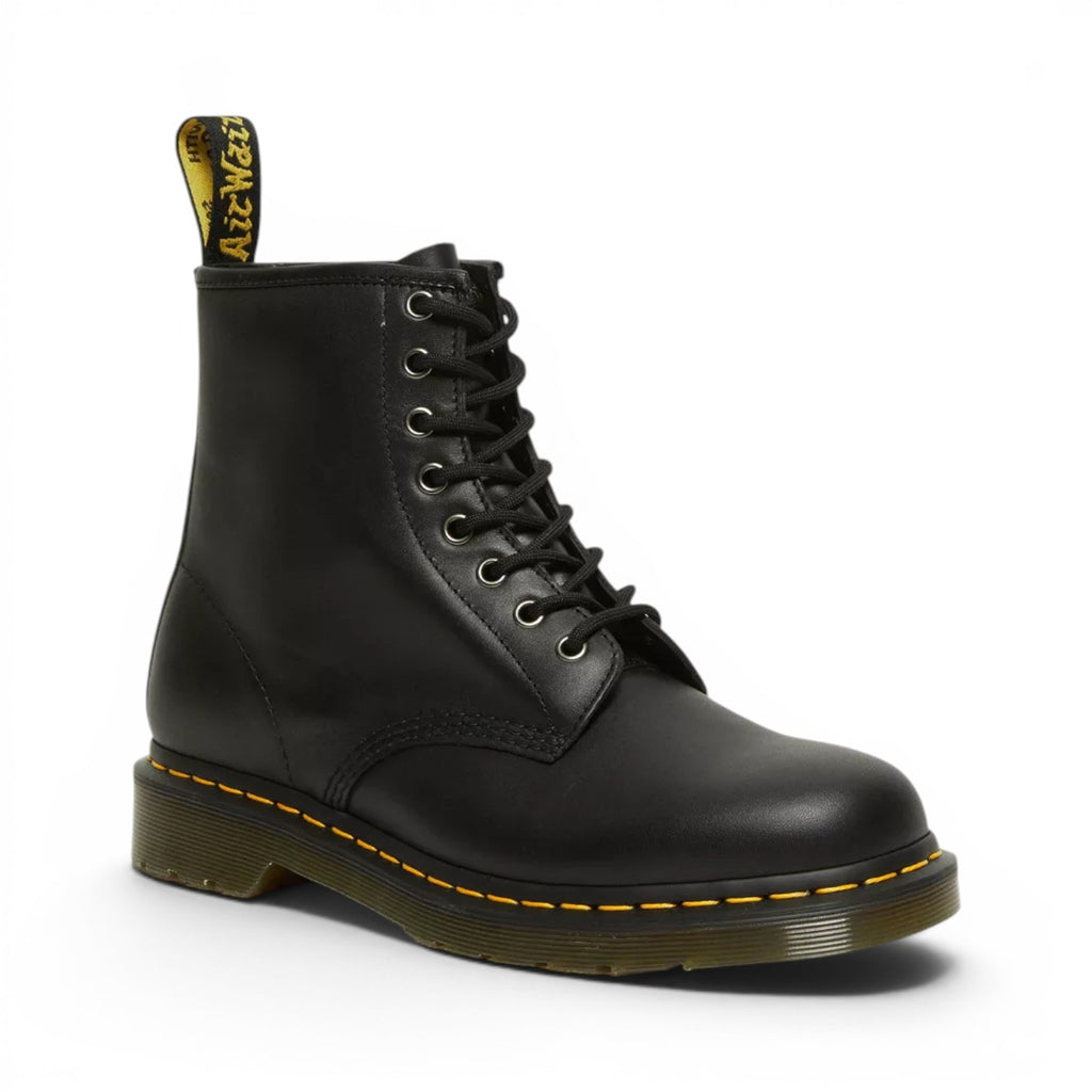 My Store Dr. Martens 1460 Nappa Leather black lace-up boots with yellow stitching and AirWair heel loop.