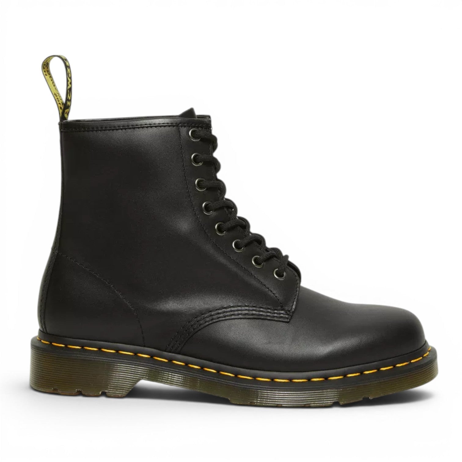 My Store Dr. Martens 1460 Nappa Leather black lace-up boots with yellow stitching and heel loop.