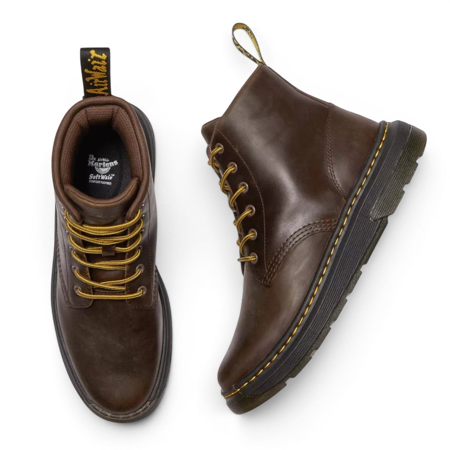 My Store Dr. Martens brown leather Chukka boots with yellow laces and signature yellow stitching on the sole.