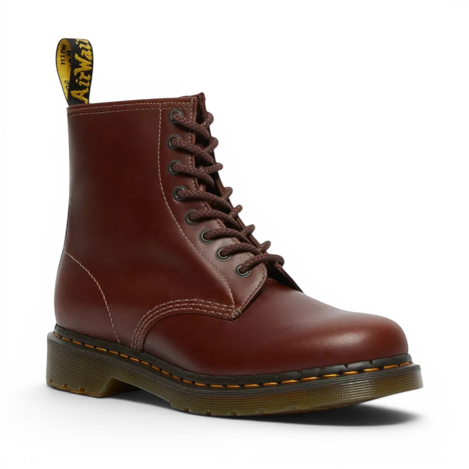 My Store Dr. Martens 1460 Abruzzo Leather brown lace-up boots made of 100% leather with PVC sole and yellow stitching.