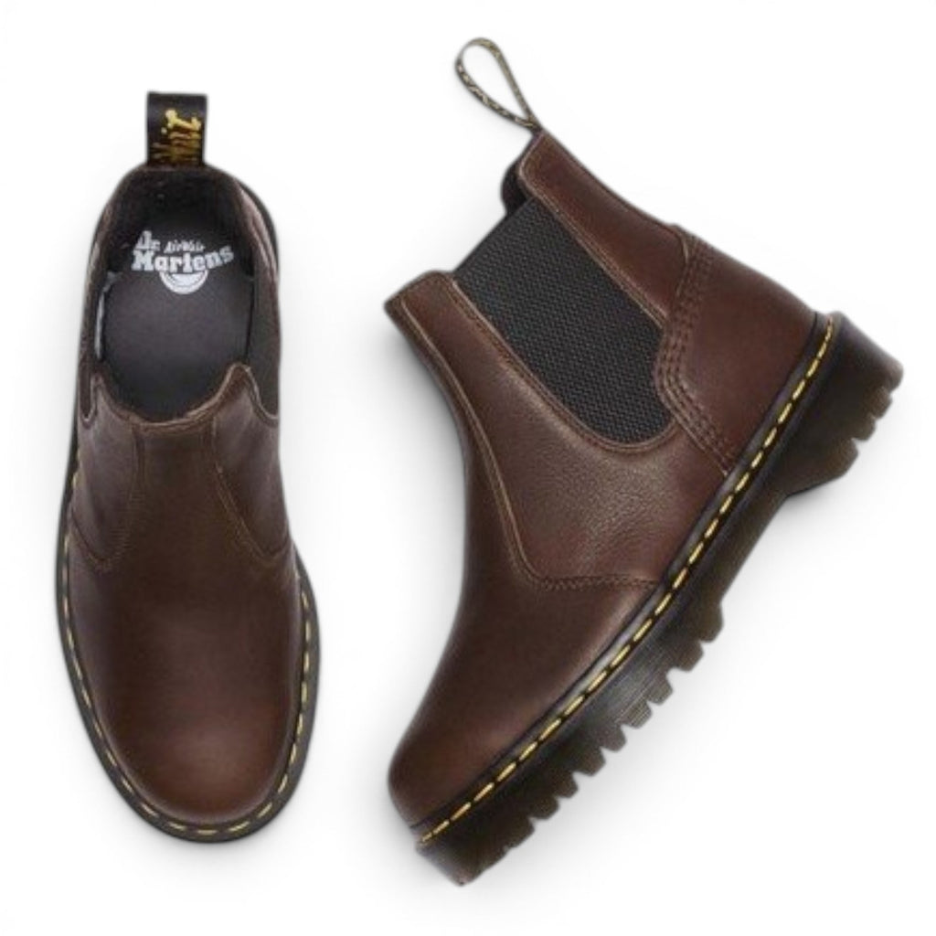 My Store Dr. Martens 2976 Bex Fleece-Lined brown leather Chelsea boots with yellow stitching and black elastic side panels.