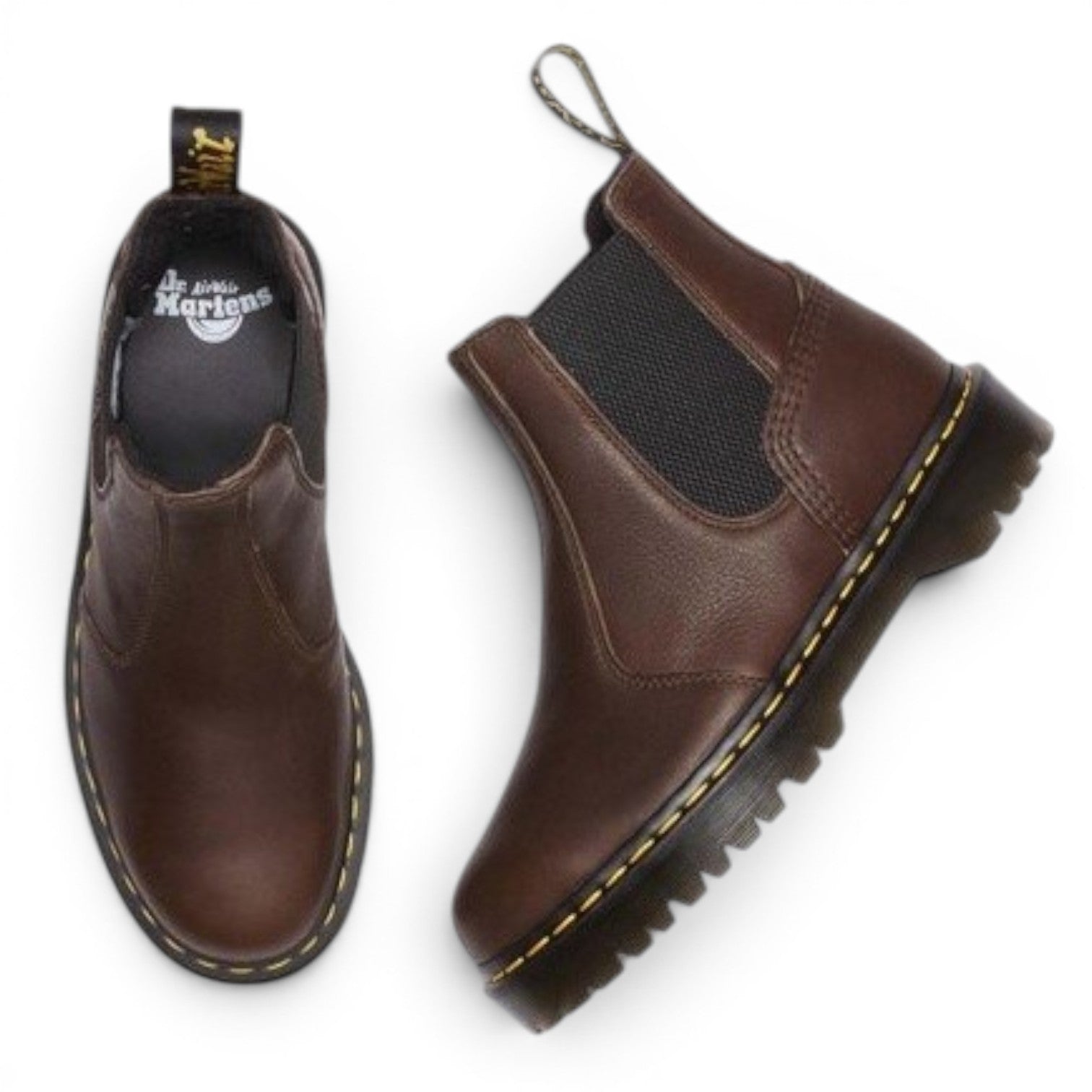 My Store Dr. Martens 2976 Bex Fleece-Lined brown leather Chelsea boots with yellow stitching and black elastic side panels.