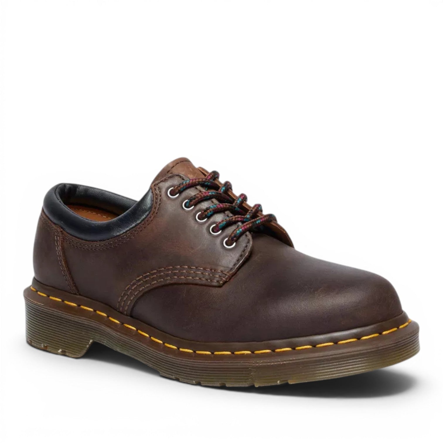 My Store Dr. Martens 8053 Crazy Horse leather brown lace-up shoes with yellow stitching and a black collar.