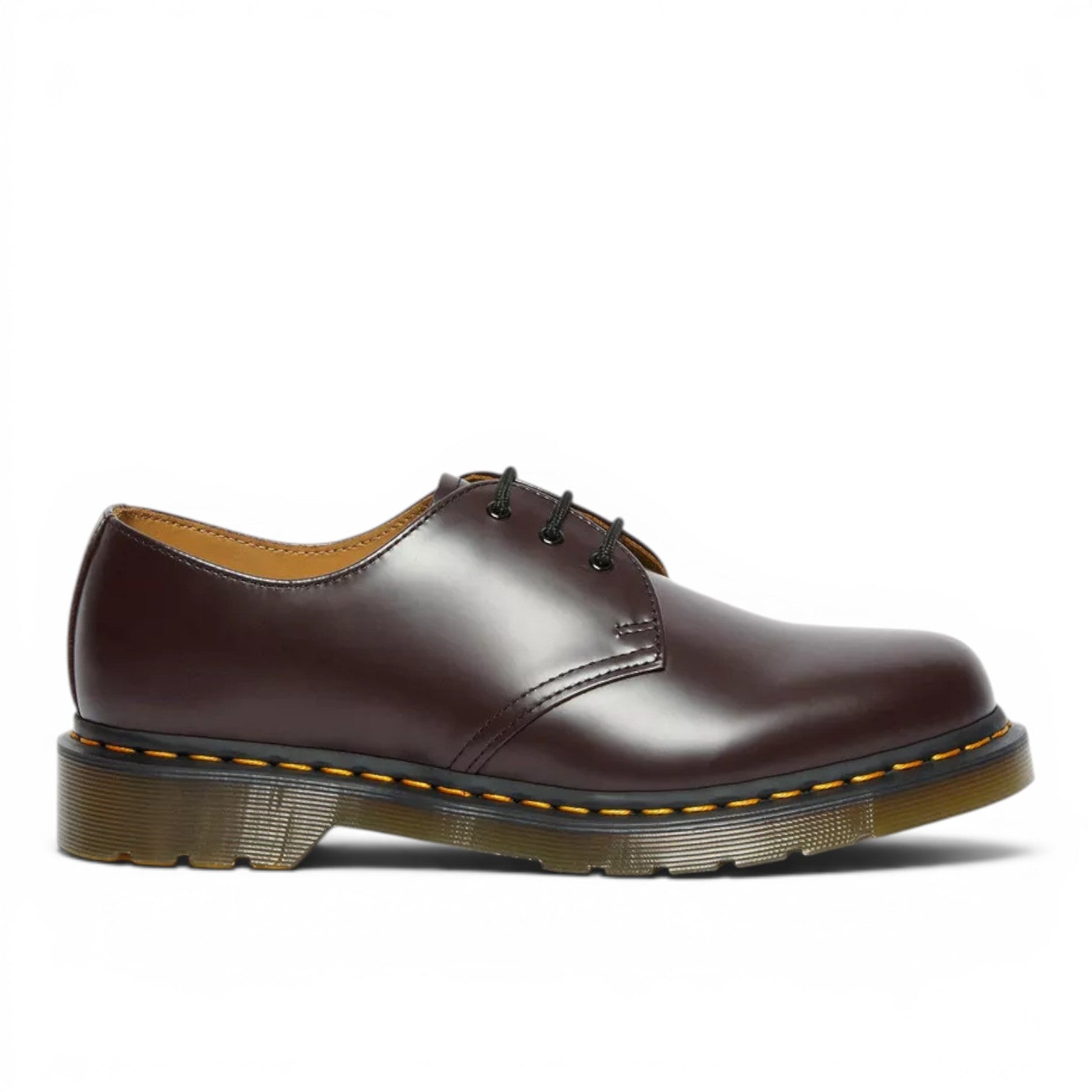 My Store Dr. Martens 1461 smooth burgundy leather oxford shoes with yellow stitching and black laces.